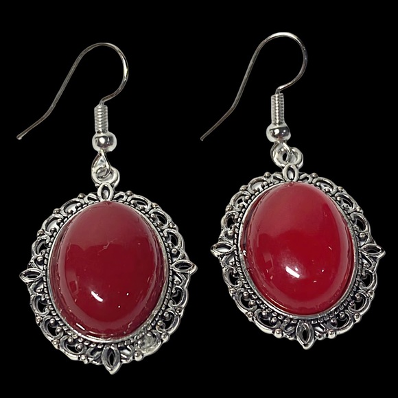 Red Malaysian jade oval gemstone earrings with stainless steel hook - Picture 1 of 6